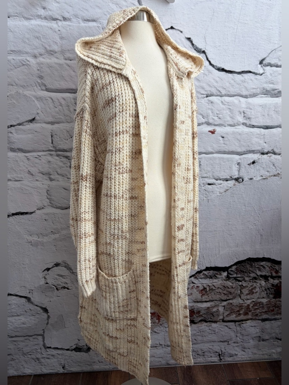 Sundance Wool Blend Knit Crochet Long Sweater‎ Coat Hooded Pockets Neutral - Picture 2 of 6